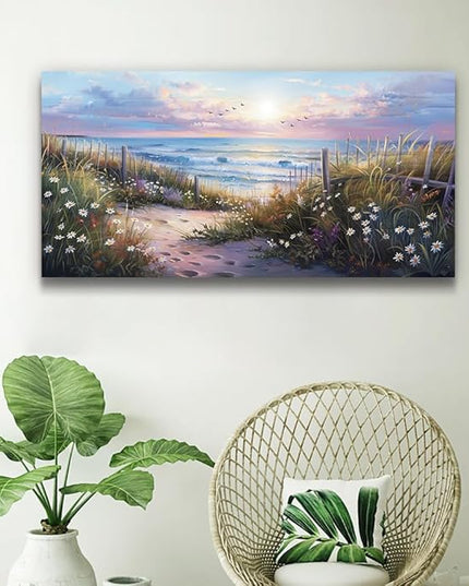 hyidecorart Canvas Wall Art For Living Room Wall DecorFor Bedroom Flower Beach Scenery Wall Painting Blue Ocean Pictures Artwork Office Decor Modern Framed Posters Home Decorations 20"X40"