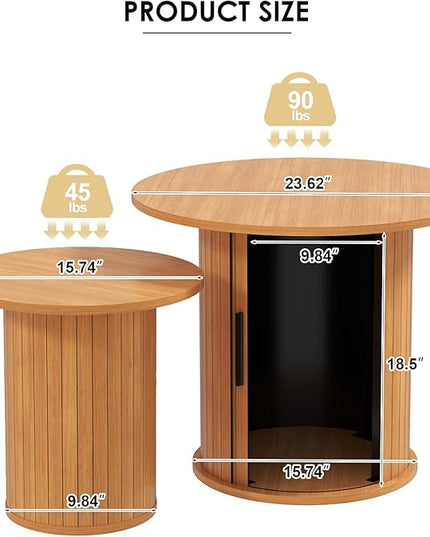COSVALVE Nesting Coffee Table Set of 2 with Hidden Storage & Sliding Door, Circle Wood Coffee Table, Farmhouse Side & End Table Sets for Living Room, Small Spaces, Natural