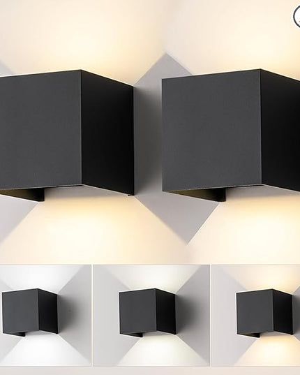 2 Pack LED Outdoor Wall Sconces Exterior/Interior,Modern Black Square Aluminum Wall Light Fixture Set,Variable Beam IP65 Waterproof Lights.15W 3-Color-Changeable Up and Down Outdoor Lighting Fixtures.