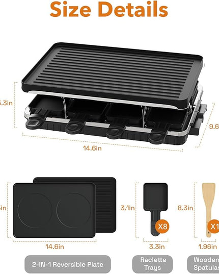 HBN Electric Raclette Table Grill with 8 Warming Trays, 2-in-1 Korean BBQ Grill & Electric Griddle Nonstick, Adjustable Temperature Control,1300W, Great for Indoor Family Gatherings, Parties & Dining