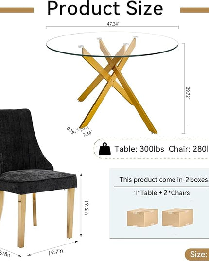 Round Glass Dining Table Set for 2, 47'' Clear Circular Kitchen Table and Chairs Set, 3PCS Modern Circle Dining Room Table Set with 2 Dining Chair for Home