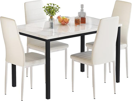 AWQM 5 Pieces Dining Table Set, Kitchen Table Set with Faux Marble Top Table and 4 Faux Leather Upholstered Chairs for Kitchen, Breakfast Nook, Dining Room, White+Beige, 47.25" L x 27.56" W x 30.1" H
