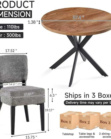 3 Piece Dining Table Set,Small 37" Round Kitchen Table Set for 2, Mid Century Modern Circle Coffee Set for Dining Room Kitchen Apartment, Space Saving (Wooden Table + 2 Grey Chairs)