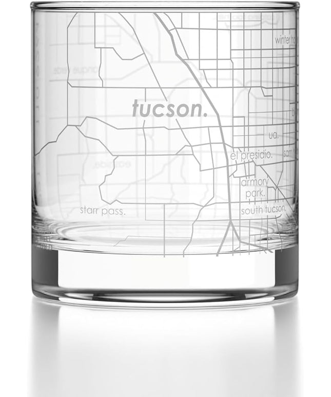 Well Told Engraved Tucson Arizona Map Rocks Glass, Old Fashioned Glassware (11 oz, Clear) Etched Bourbon Tumbler, Gifts For Whiskey Lovers