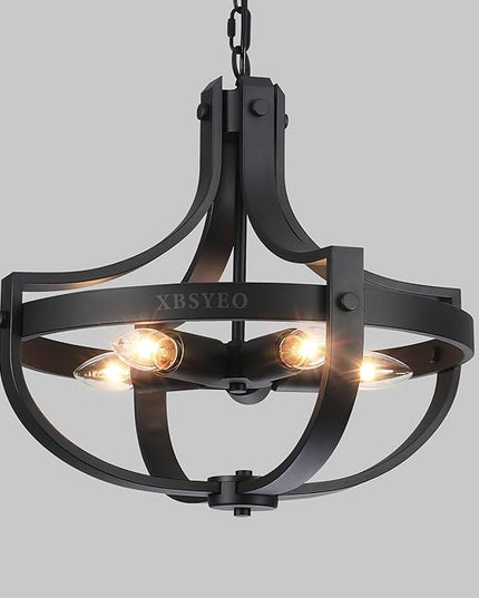 16.73" Black Farmhouse Light Fixtures, 5-Lights Vintage Cage Chandeliers Round Pendant Light for Dining Room Entryway Kitchen Island Living Room Hallway Foyer