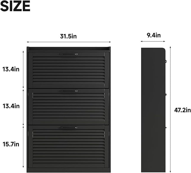 Maupvit Shoe Storage Cabinet with 3 Flip Louvered Doors, Freestanding Organizer with Metal Hinges, Shoe Cabinet for Entryway, Narrow Shoe Rack Cabinet, Black