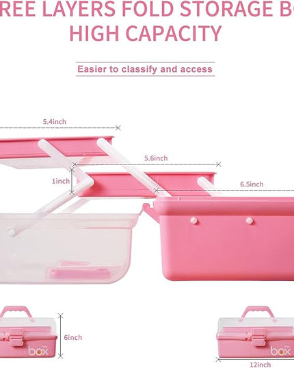 12in 3-Layer Plastic Craft Organizers and Storage, Portable Folding Tackle Box with Handle & Adjustable Dividers, Multipurpose Case for Sewing, Art Supplies, Medicine, Tools (Pink)