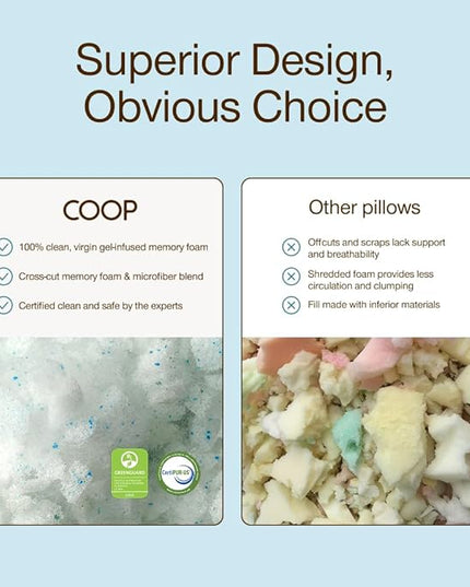 Coop Home Goods Eden Bed Pillow Queen Size for Sleeping on Back, Stomach and Side Sleeper- Medium Soft Memory Foam Cooling Gel - CertiPUR-US/GREENGUARD Gold