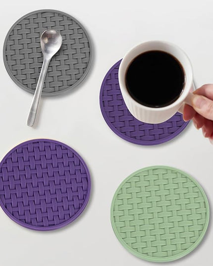 Purple Silicone Coasters with Holder, 4 Inches Non-Slip Decorative Cup Mats for Drinks, Heat Resistant & Waterproof Round Coaster Set of 6 for Home, Office, Kitchen, Bar Table