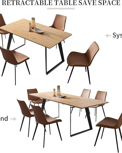 ZckyCine 63"-79" Expandable Dining Table Set for 6, Wood Table & 6 Brown Chairs, Extendable Kitchen Dining Table Set for Kitchen & Dining Room, Modern Oak & Brown
