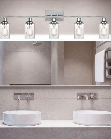 MELUCEE Modern Vanity Lights for Bathroom 5 Lights Chrome Finish with Clear Glass Shade, Contemporary Metal Wall Light Fixtures for Dressing Table Mirror Cabinets (Patent No.: US D963914 S)