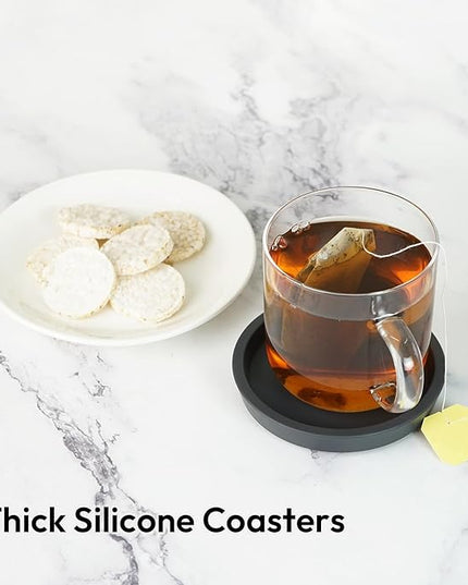 Carrotez Thick Silicone Coasters for Drinks, Round Bulky Cup Coasters for Coffee Table, Desk, Set of 2 - Black