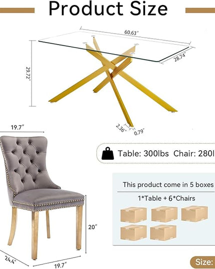60.63in Rectangular Glass Dining Table Set for 6, Glass Gold Kitchen Table and Chair Set for 6, Modern 7 Piece Dining Room Set with 6 Fabric Upholstered Chairs, Metal Legs Home Kitchen Furniture