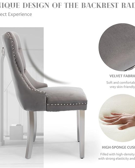 SoarFlash Velvet Dining Chairs Set of 2, Tall Back Side Chair, Modern Upholstered High-end Tufted Side Chair with Button Back Ring, Silver Legs (Grey)