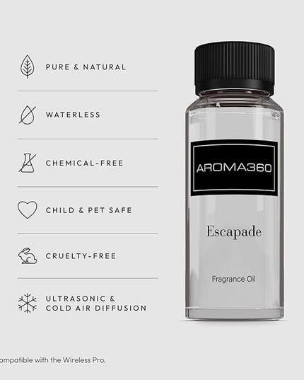Aroma360 - Escapade Fragrance Oil Scent - Luxury Aromatherapy Scent Diffuser Oil - Hints of Lemon, Ocean, Bergamot, & Fragrant Jasmine - for Essential Oil Diffusers - for Home & Office - 120mL