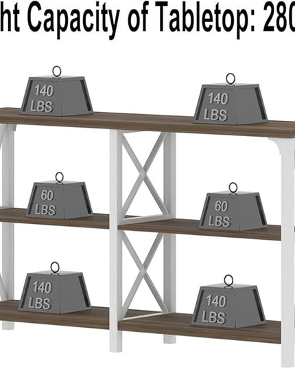IBF Farmhouse Entryway Table, Wood TV Console Table, Long Rustic Metal Sofa Table, Industrial Hallway Table with Storage Shelves, Modern Foyer Tables for Front Entry Way, White and Rustic Oak, 55 in