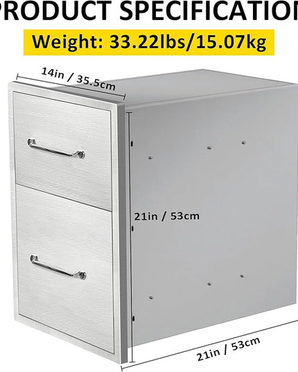 Outdoor Kitchen Drawers 14" W x 21" H x 21" D Flush Mount Double BBQ Drawers with Chrome Handle Stainless Steel Drawer for Outdoor Kitchen Island, Patio Grill Station