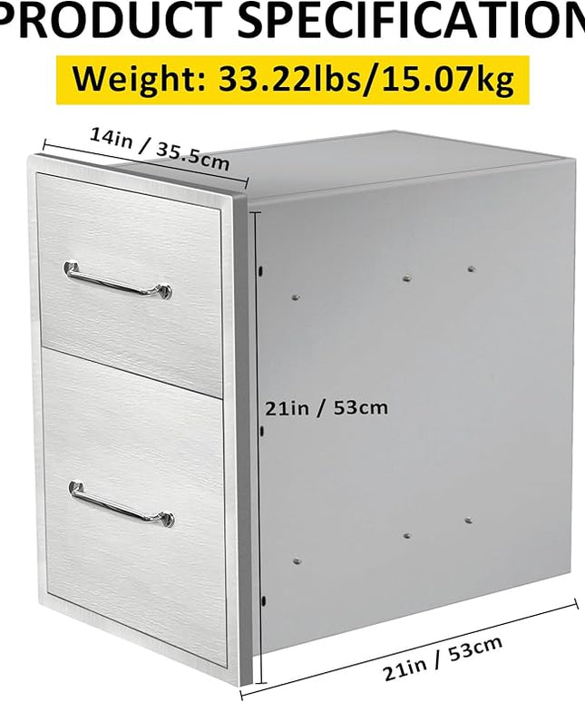 Outdoor Kitchen Drawers 14" W x 21" H x 21" D Flush Mount Double BBQ Drawers with Chrome Handle Stainless Steel Drawer for Outdoor Kitchen Island, Patio Grill Station