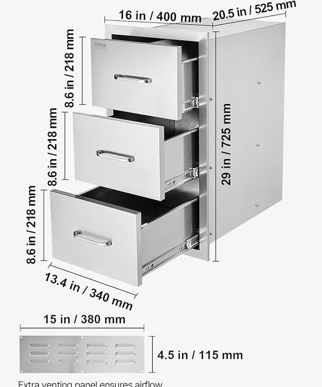 VEVOR Outdoor Kitchen Drawers 16" W x 28.5" H x 20.5" D, Flush Mount Triple Access BBQ Drawers with Stainless Steel Handle, BBQ Island Drawers for Outdoor Kitchens or BBQ Island Patio Grill Station