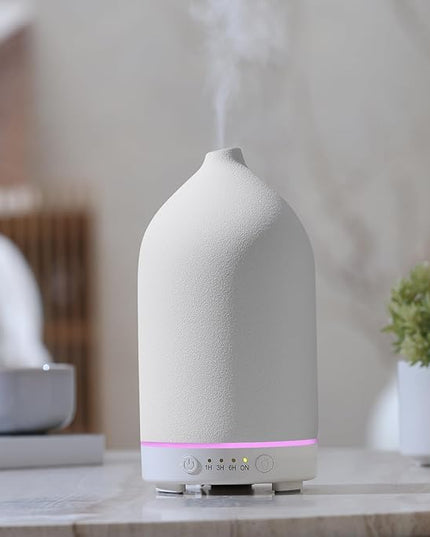 200ML Ceramic Essential Oil Diffuser - Ultrasonic Aromatherapy & Humidifier with 7-Color LED Lights, Auto Shut-Off, White, 1H/3H/6H Timer | Scent for Home,Office,Yoga