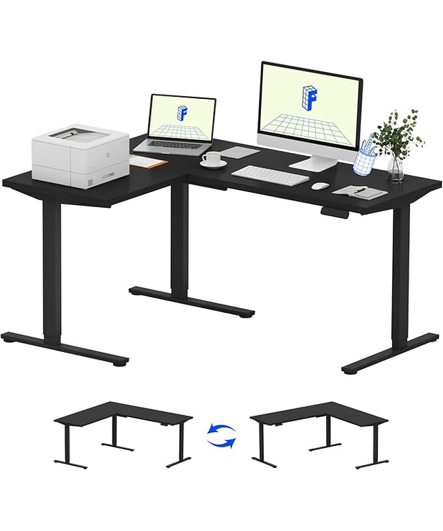 FLEXISPOT L Shaped Standing Desk, 63 x 47 Inch Electric Height Adjustable Corner Desk, Sit Stand Computer Workstation, Preset Controller, Home Office, Black Frame with Black Top