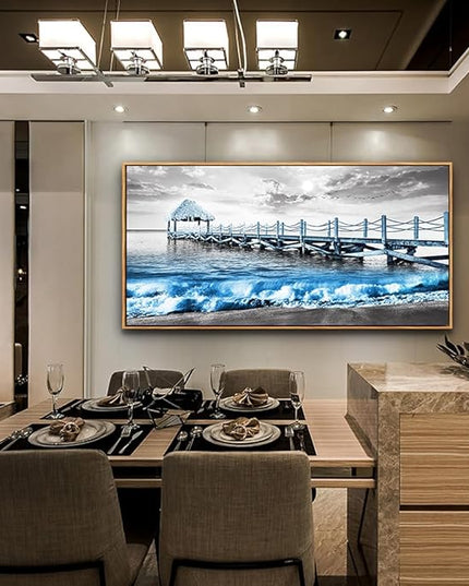 Wapluam Large Framed Canvas Wall Art For Living Room, Office, Bedroom - Black And White Beach, Blue Ocean Sea Wave Wall Pictures - 30" x 60"