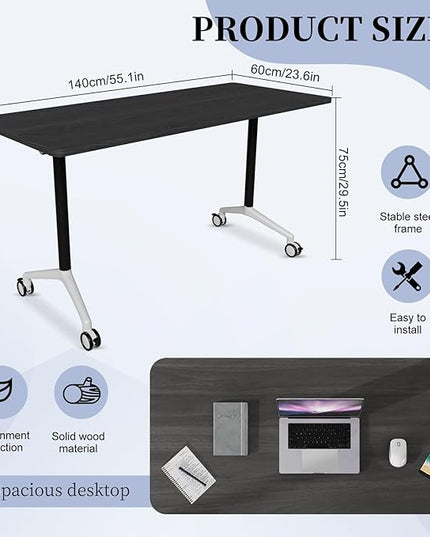 Conference Table, Folding Conference Room Tables on Wheels, Modern Meeting Seminar Table Computer Desk, Boardroom Desk for Office Meeting Conference Room,White,6 Pack 55.1inch