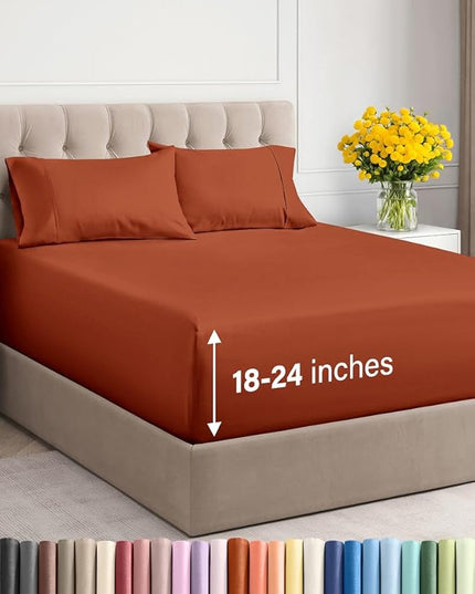 Extra Deep Twin XL Sheet Set - 4 Piece Breathable and Cooling Sheets - Hotel Luxury Bed Sheets Set - Easy Fit - Soft, Wrinkle Free and Comfy Sheets Set - Terracotta Sheet Set with Extra Deep Pockets
