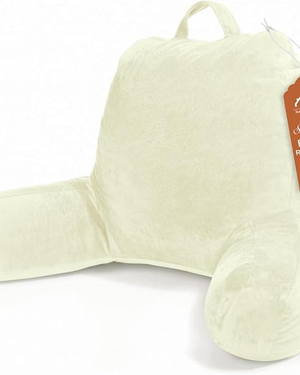 Sasttie Reading Pillow, Velvet Back Pillow for Bed Sitting Up, Adult Back-Rest Support Cushion with Arms for Sit Up on Couch, Sofa, and Floor, Dorm Essentials, Reading Accessories, Cream