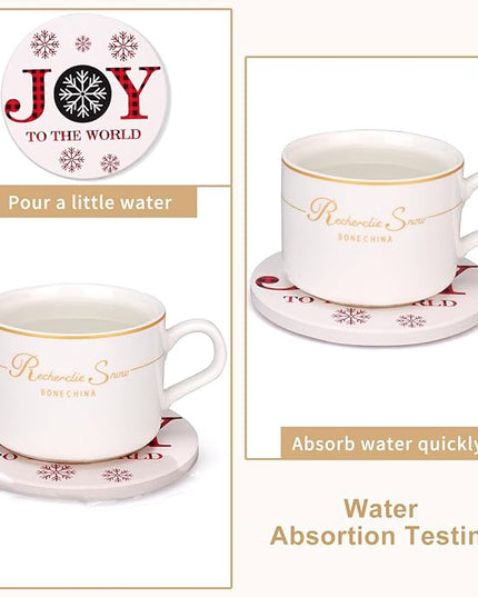 6 Pcs Ceramic Christmas Coasters with Holder Best Absorbent Drink Coasters Set Cute Xmas Holiday Coaster Set Coffee Table Decor Funny Christmas Decoration Housewarming Gift Festive Cup Coasters