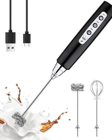 YUSWKO Handheld Milk Frother Wand for Coffee, Rechargeable Electric Whisk with 3 Heads 3 Speeds Drink Mixer Coffee Frother For Latte, Cappuccino, Hot Chocolate, Egg (Without Stand, Light Black)