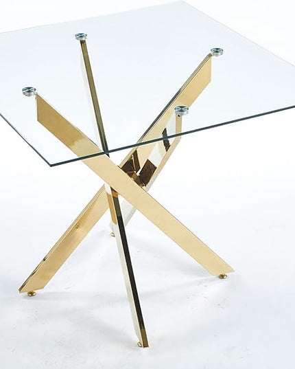 Glass Dining Table Set for 4, Square 36" Dining Table with Gold Cross Metal Leg, 4 Beige Velvet Dining Chairs with Stainless Steel Legs, Modern Glass Kitchen Table and Chairs Set for Small Space