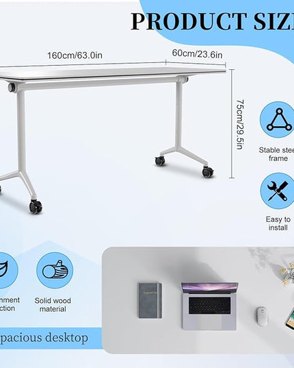 Conference Table, Folding Conference Room Tables, Modern Flip Top Seminar Training Meeting Table with Wheels, Modular Foldable Conference Tables for Home Office Classr (White 4 Pack, 63inch)