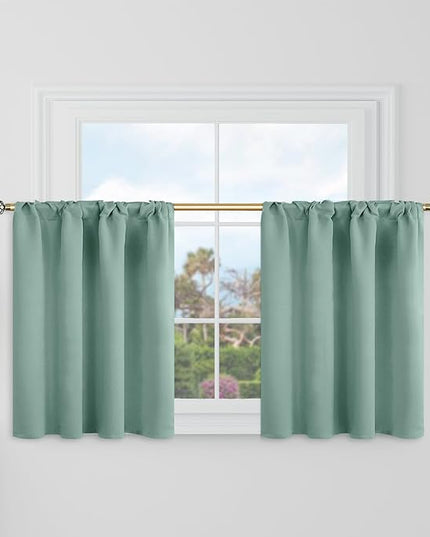 BGment Short Blackout Curtains 30 Inch Length for Small Windows - 34 x 30 inch Curtains Rod Pocket and Back Tab Thermal Insulated Room Darkening Curtains for Kitchen/Cafe Room, 2 Panels, Frosty Green