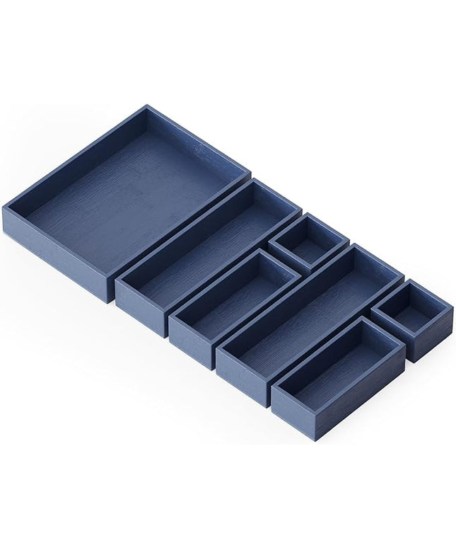 SpaceAid 7-Piece Bamboo Drawer Organizer Storage Boxes Set, Wood Tray Junk Drawer Organizers Multi-Use Divider Bins for Kitchen, Bathroom, Office Desk and Makeup Organization (7 Pack, Navy Blue)