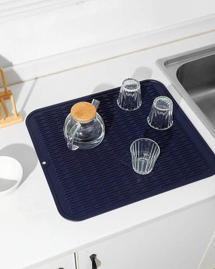 Silicone Dish Drying Mat for Multiple Usage,Easy clean,Eco-friendly,Heat-resistant Silicone Mat for Kitchen Counter or Sink,Refrigerator or Drawer Liner Navy Blue XL 18 inches x 16 inches