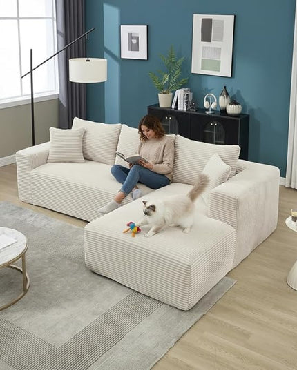 PELUMY 108.7" L-Shaped Modular Sectional Sofa with Oversized Chaise, Cloud Couch with Memory Foam, No Assembly Required Sleeper Sofa for Small Space Living Room, Apartment (Beige, Corduroy)