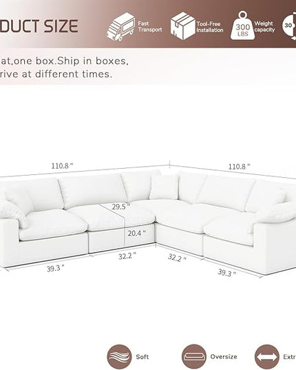 Cloud Modular Sectional Sofa,211.6" Down Filled Sofa 5 Seat with Chaise,Minimalist Sofa Cover Washable and Replaceable Couches for Living Room,Sectional Sofa Deep Seat White
