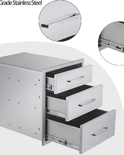 Outdoor Kitchen Drawers Stainless Steel 3-Drawer BBQ Drawer 16" W x 21" H x 23" D Enclosed Built-in Drawer Flush Mount for Outdoor Kitchens & BBQ Islands