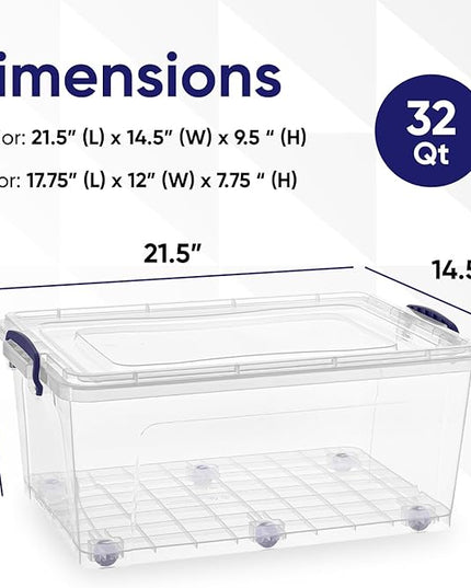 Superio Storage Bins with Lids- Clear Boxes for Organizing, Stackable Plastic Containers- BPA Free, Non-Toxic, Odor Free, Organizer for Home, Office, Dorm (8 Pack, 32 Qt (Wheeled))