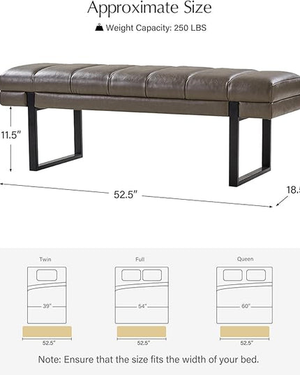 HULALA HOME 53" Faux Leather Entryway Bench, Button Tufted End of Bed Bench Ottoman for Bedroom, Living Room with Metal Base, Grey
