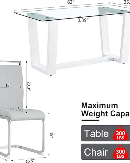 Ebullient Glass Dining Table Set for 6, Modern Dining Table Set for 6, Tempered Glass Tabletop with White MDF Trapezoid Legs, Rectangle Kitchen Table with 6 Faux Leather Chairs for Home Apartment