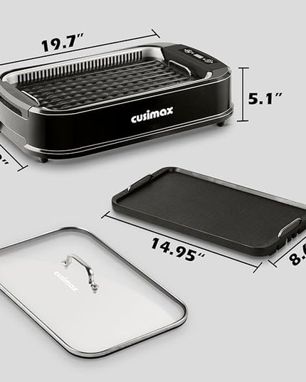 Indoor Grill, CUSIMAX Smokeless Grill Indoor, 1500W Electric Grill Griddle Korean BBQ with LED Smart Display & Tempered Glass Lid, Non-stick Removable Grill Plate & Griddle Plate, Black