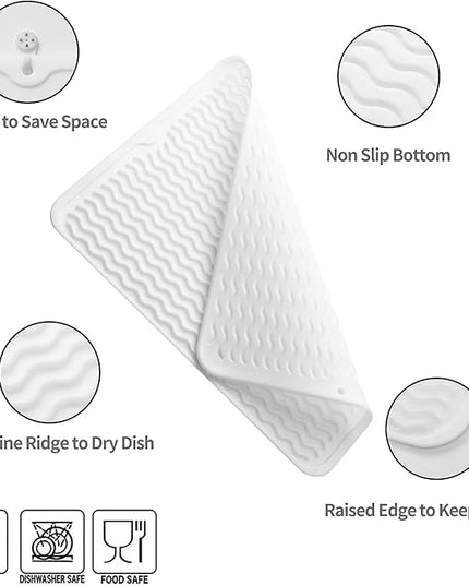 Silicone Dish Drying Mat for Multiple Usage,Easy clean,Eco-friendly,Heat-resistant Silicone Mat for Kitchen Counter or Sink,Refrigerator or drawer liner White L 16 inches x 12 inches