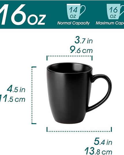 vancasso PLAYA Ceramic Coffee Mug Set of 6, 16 Oz Tea Cups with Handle for Latte, Tea, Cappuccino, Milk, Cocoa, Microwave&Dishwasher Safe, Black