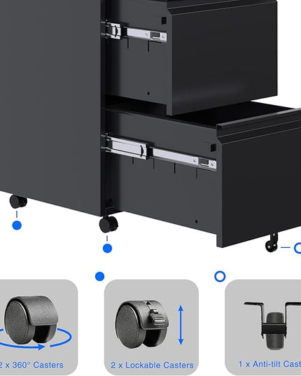 METAN 2 Drawer File Cabinet with Lock, Mobile Under Desk Filing Cabinet for Office Legal/Letter Size, Fully Assembled Except Wheels,Black