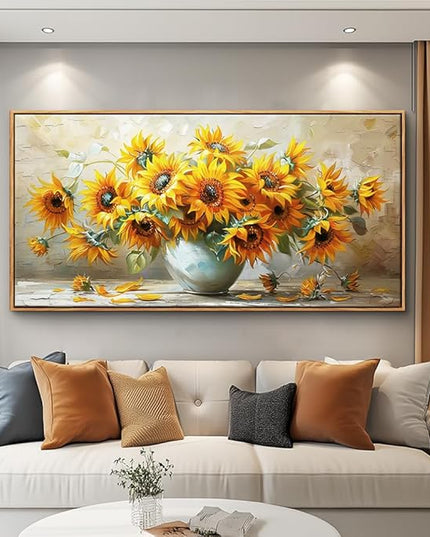 PHAOHUAXM Large Canvas Wall Decor For Living Room Wall Art Vintage Printing Yellow Flower Paintings Dining Room Bedroom Bathroom Kitchen Wall Painting Home Decor Wood Frame Ready To Hang 24x48 In