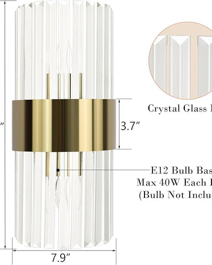 Gold Crystal Wall Sconce Set of 2, Modern Crystal Glass Sconces Lighting 2-Light Brass Glass Wall Light Fixtures for Bathroom Hallway Bedroom, 8-Inch