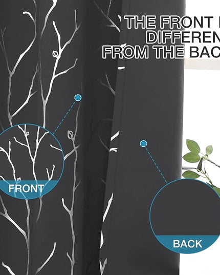 BUHUA Blackout Curtains Set of 2 Panels, Small Window Grommet Top Window Drapes, Room Darking Short Bedroom Curtains with Branches Silver Print Pattern 52W x 54L, Dark Grey