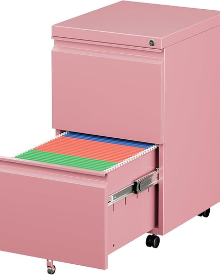 METAN 2 Drawer File Cabinet with Lock, Mobile Under Desk Filing Cabinet for Office Legal/Letter Size, Fully Assembled Except Wheels,Pink